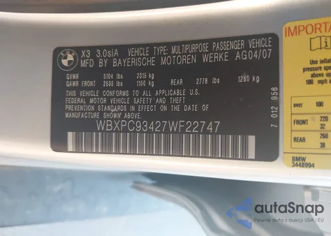 2007 BMW X3 3.0Si z USA, uszkodzony, nr VIN WBXPC93427WF22747